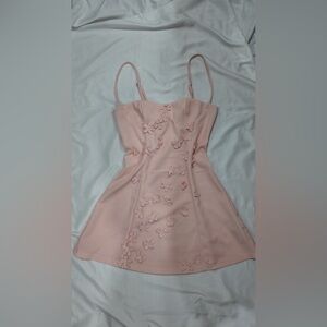 Floral Appliqué Blush Pink Mini Dress with Spaghetti Straps